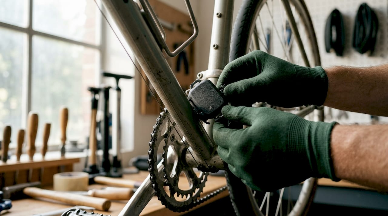 Zoom sur des mains en train d’installer un capteur Bluetooth sur un vélo