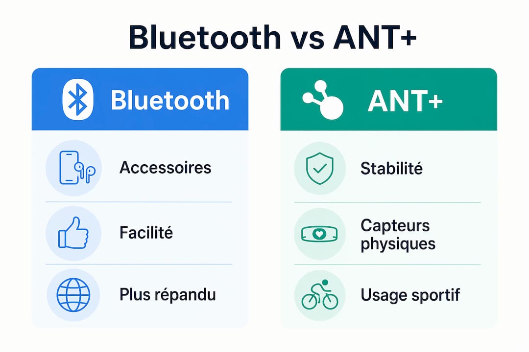 Infographie : les différences entre les protocoles Bluetooth et ANT+ pour les équipements cyclistes