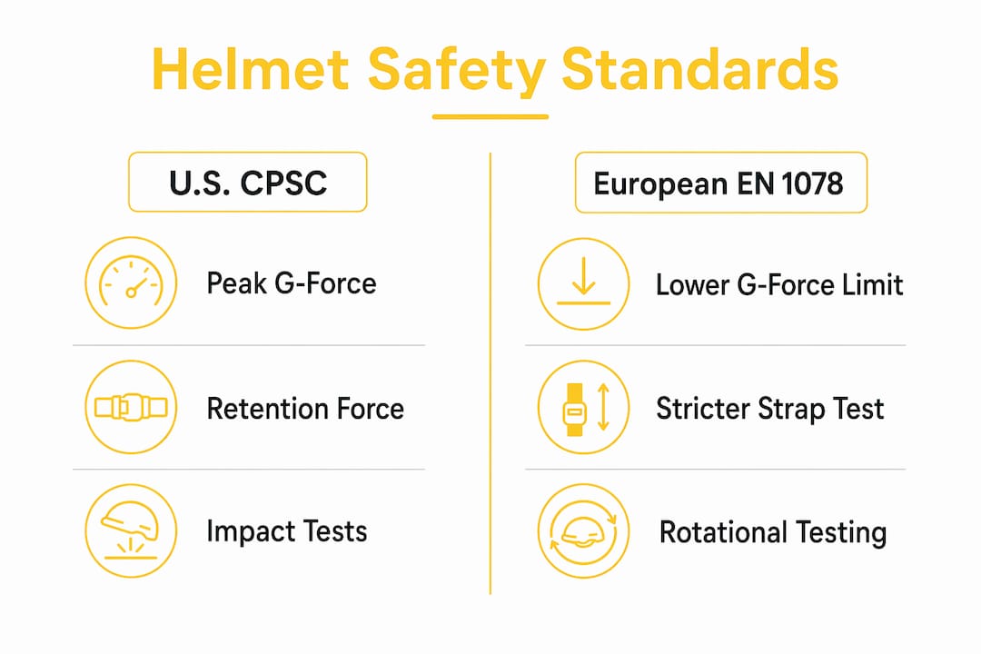 Infographic comparing U.S. and European helmet safety standards