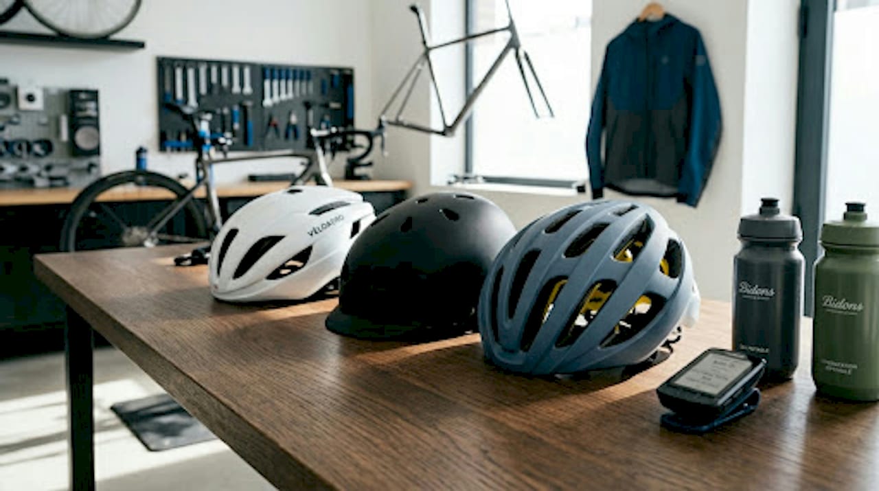 Une sélection de casques de vélo soigneusement disposés sur une table.