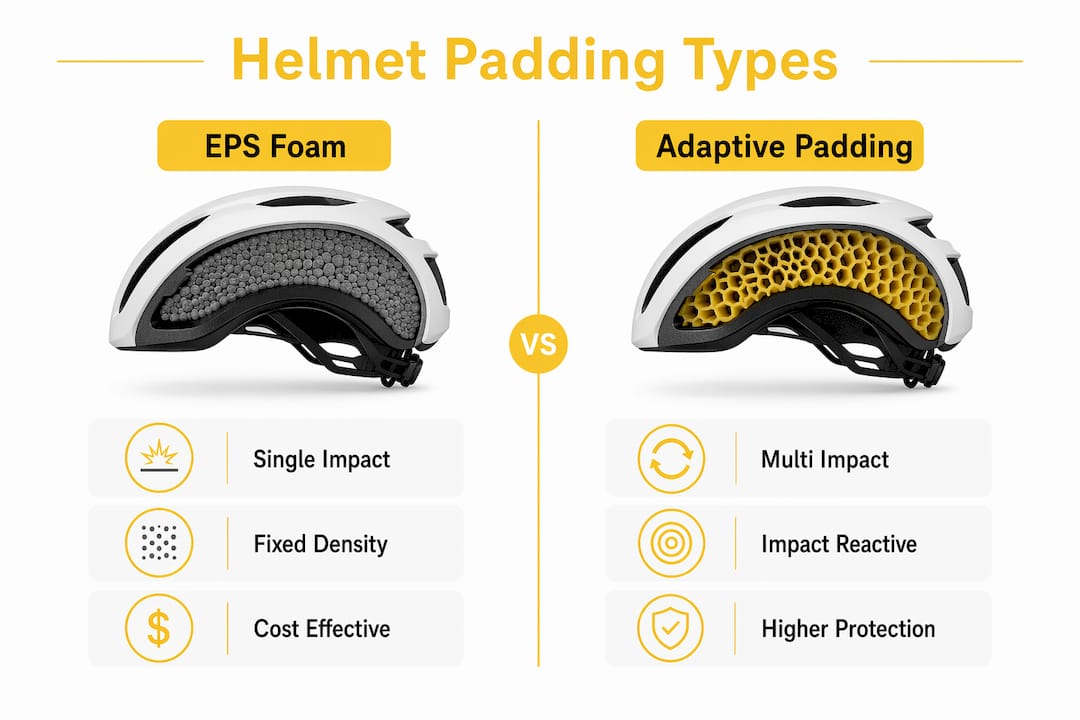 Infographic comparing EPS foam and adaptive helmet padding