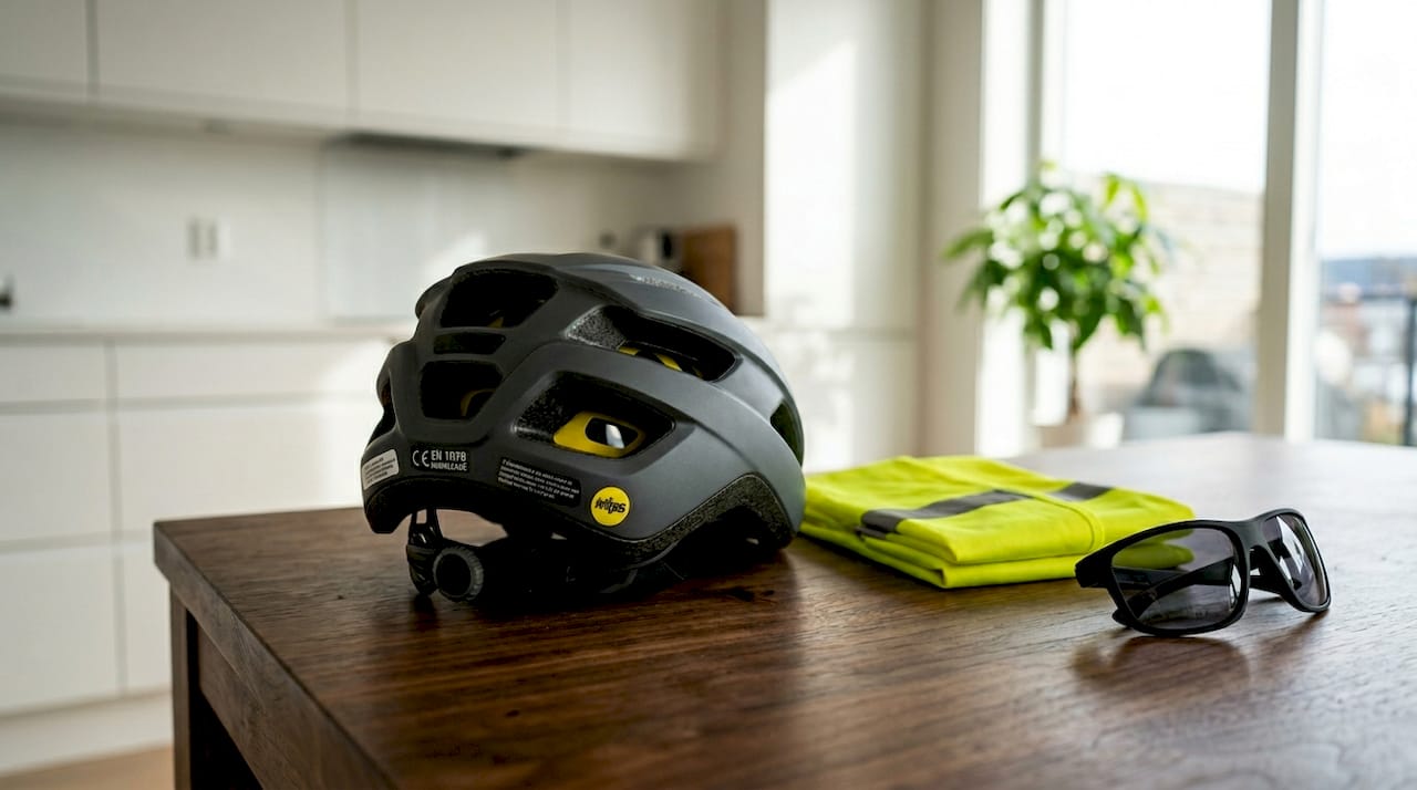 Un casque MIPS posé sur la table, accompagné de ses accessoires.