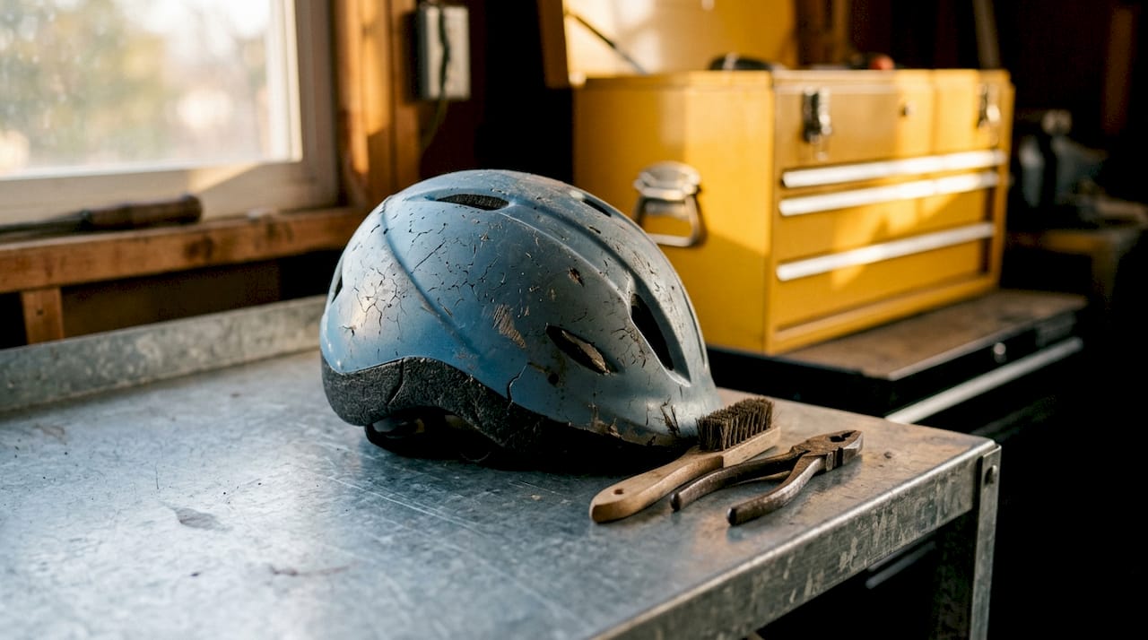 Close-up of damaged bike helmet shell and vents