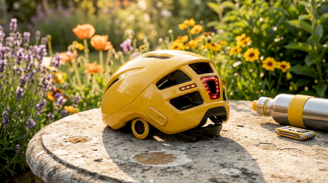 Smart helmet with LEDs on park bench