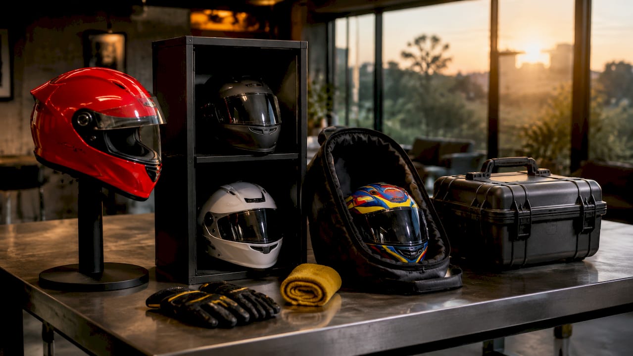 Top-down view of various helmet storage methods