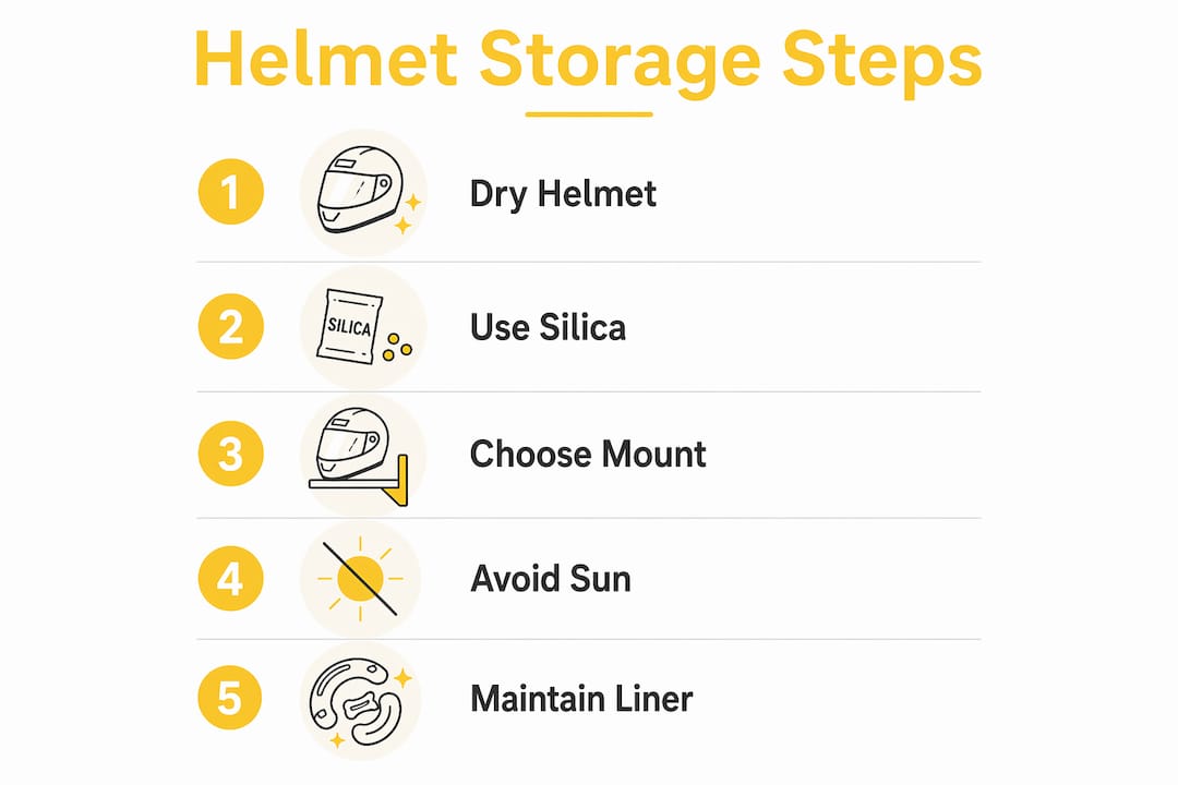 Infographic detailing helmet storage preparation steps