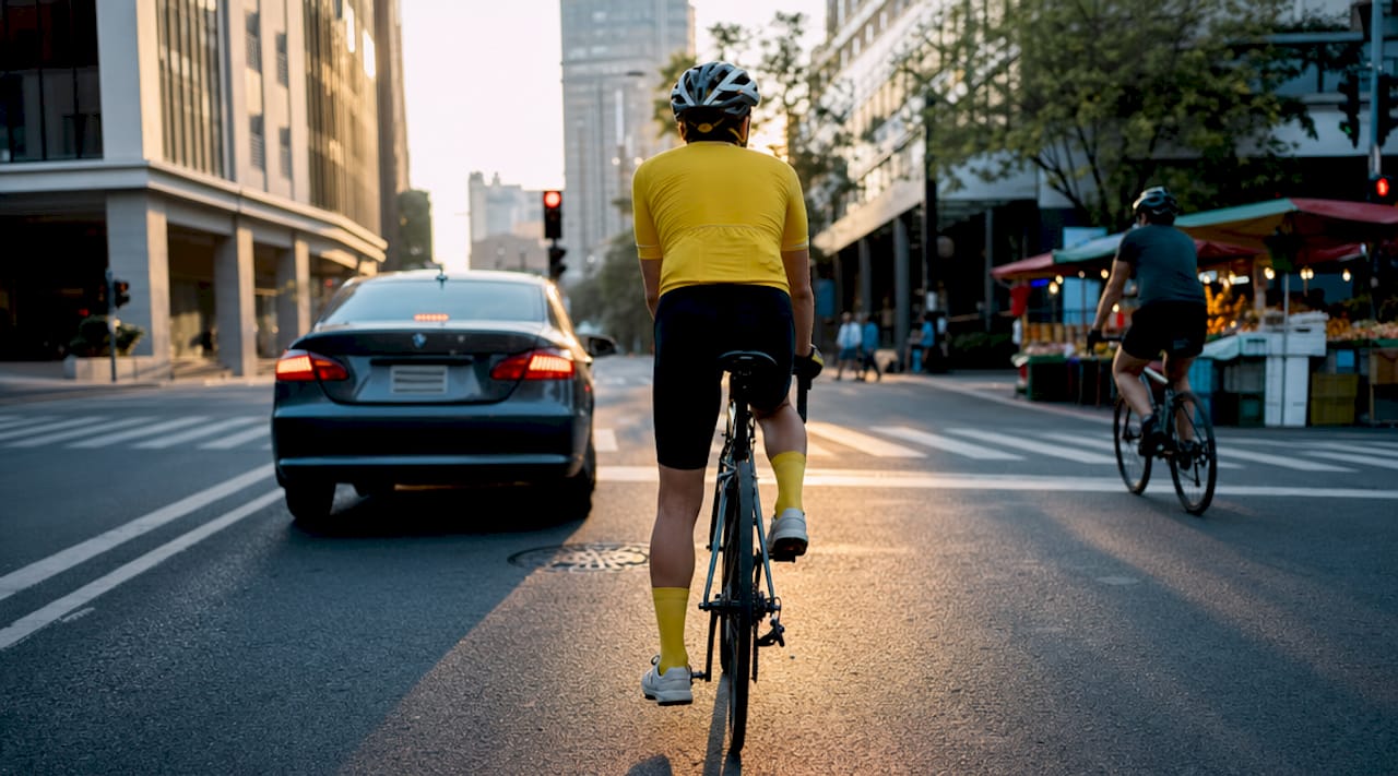 Overhead view of cyclist taking primary road position.