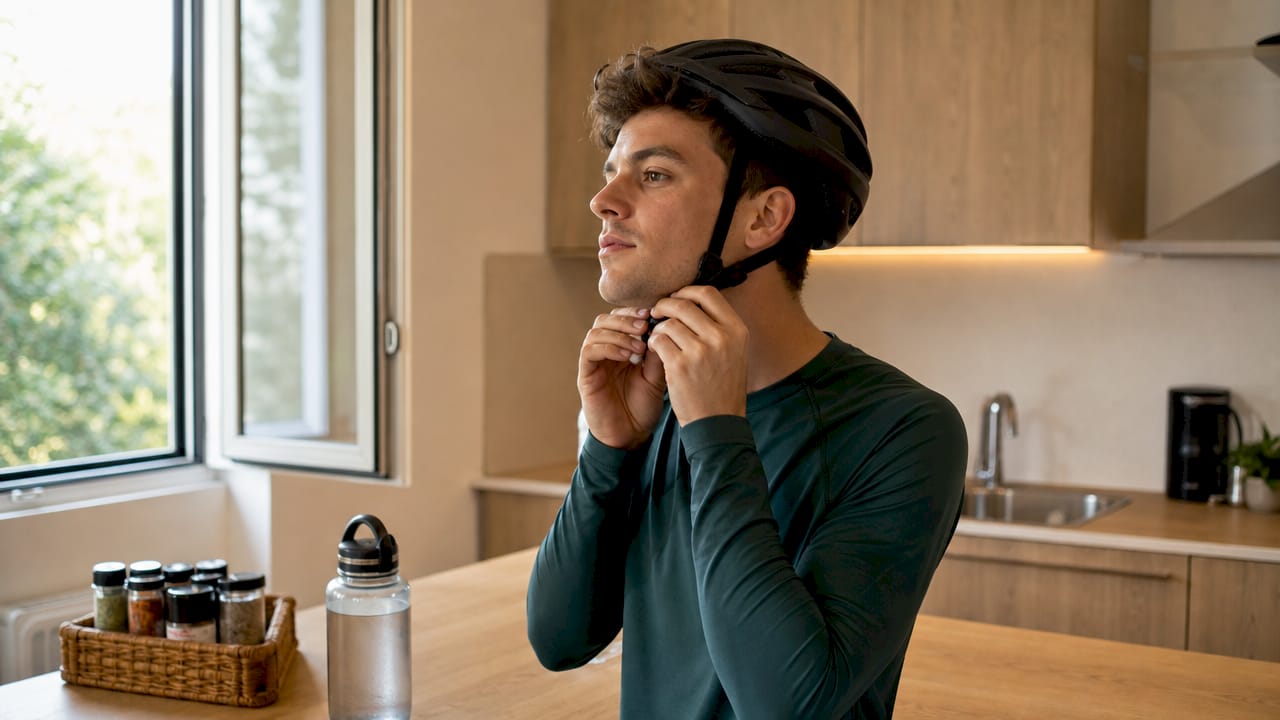 Un homme règle la sangle de son casque de vélo à l’intérieur.