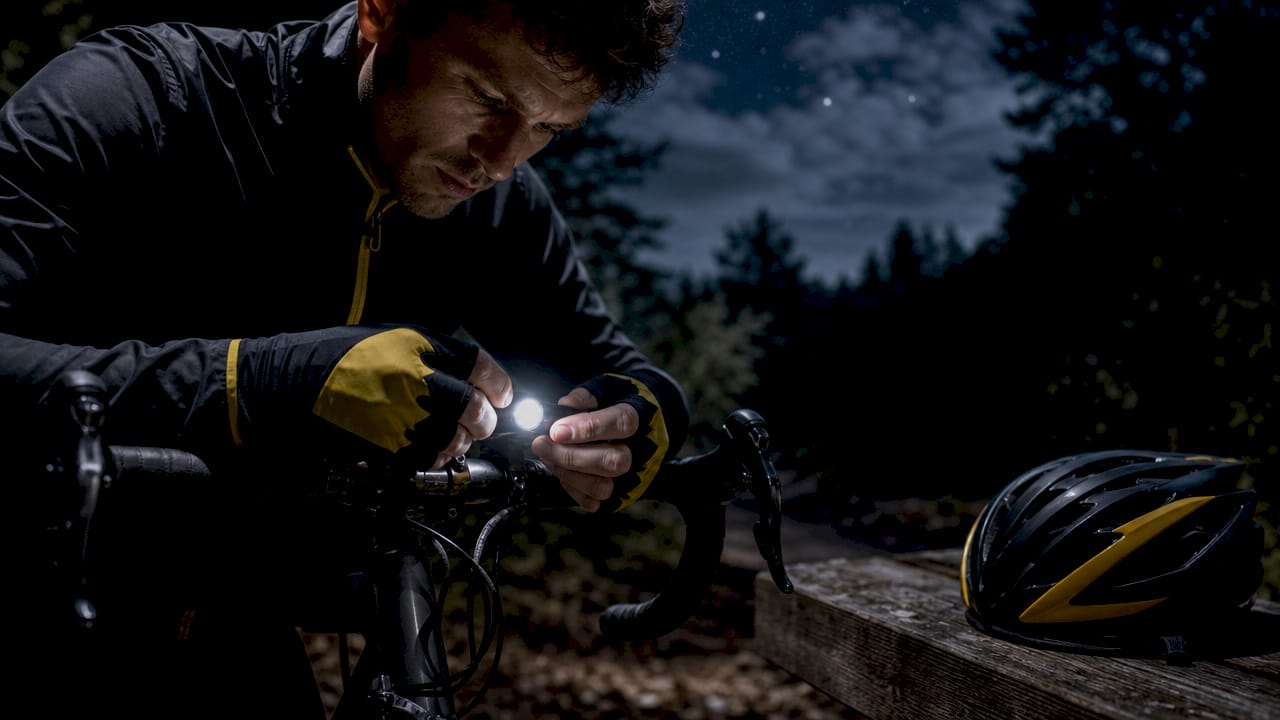 Cyclist adjusting front bike light at dusk