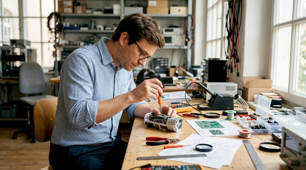 Un ingénieur en train de peaufiner un prototype d’éclairage pour vélo