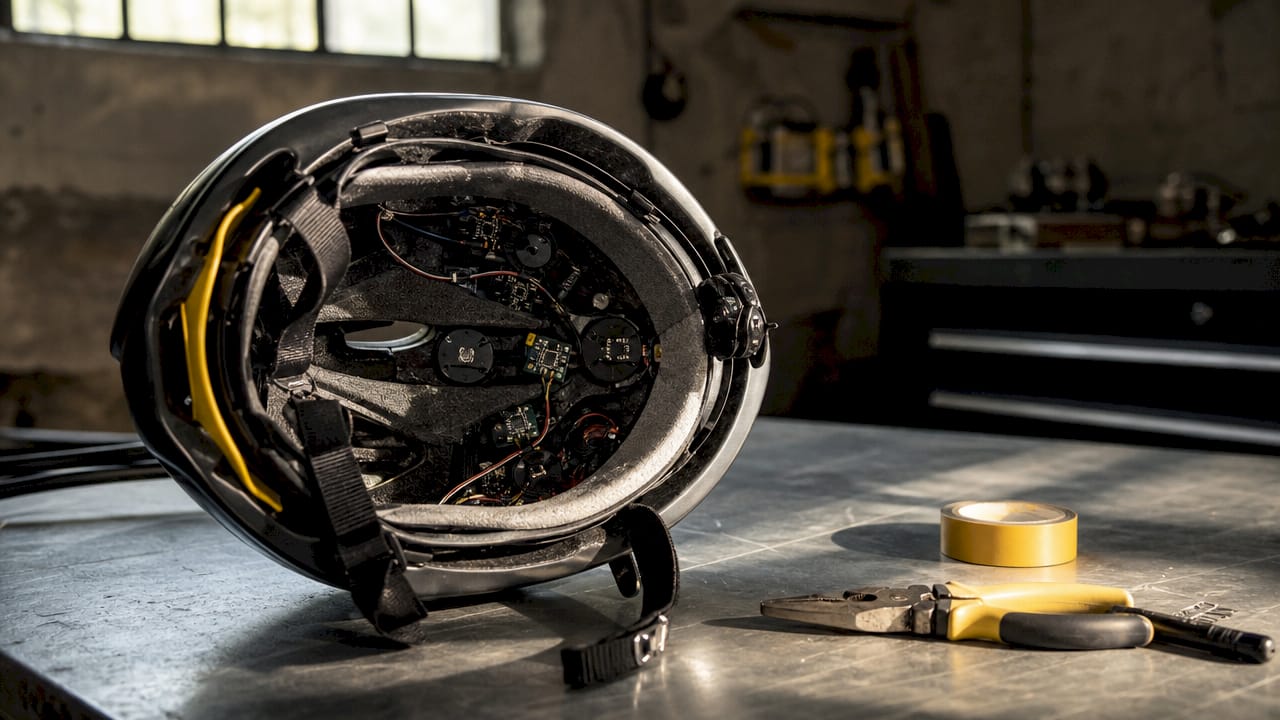 Close-up of helmet impact sensors on table
