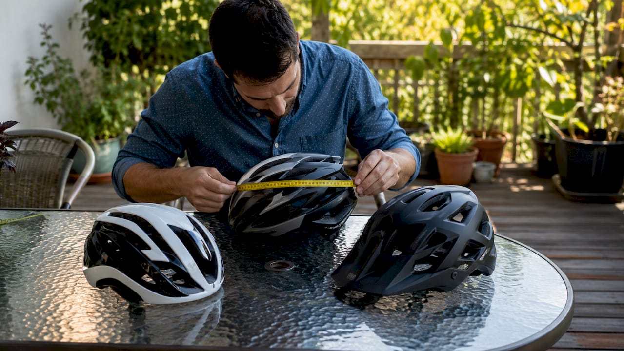 Trois casques de vélo alignés sur une table claire