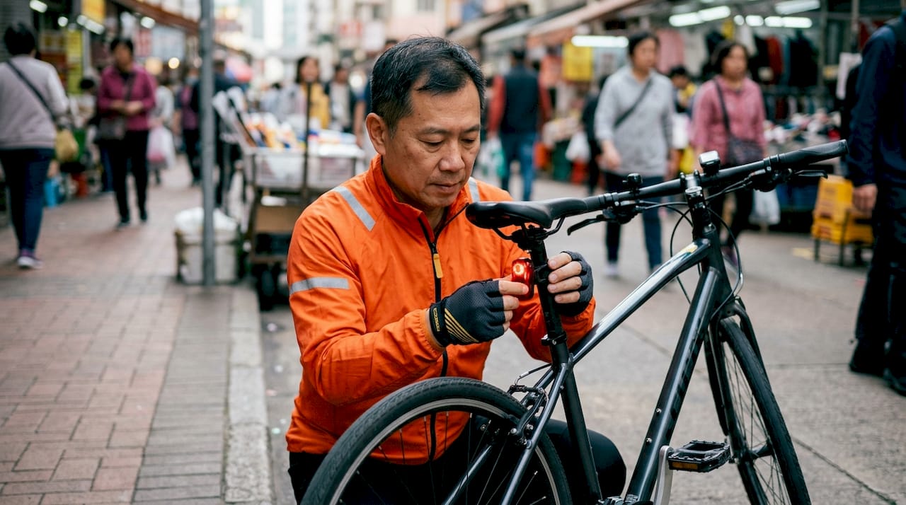 Cyclist adjusting flashing rear bike light