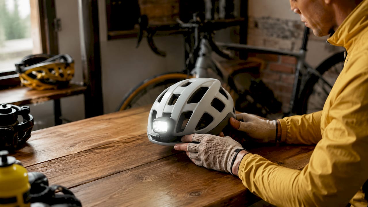 Close-up of helmet with front-mounted light