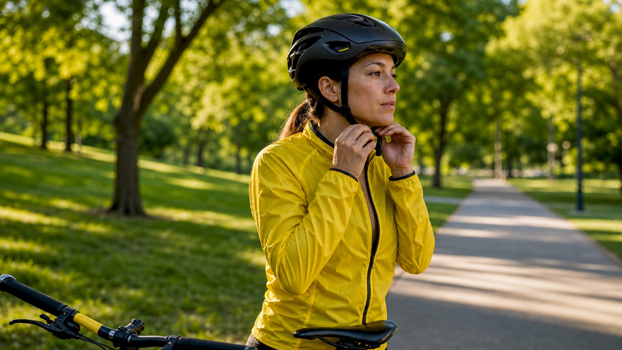 Close-up of cyclist fastening smart helmet strap