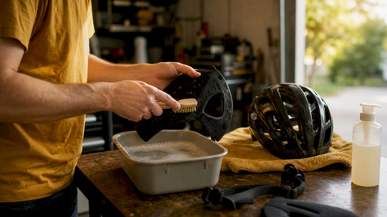Hands rinsing helmet padding over table basin