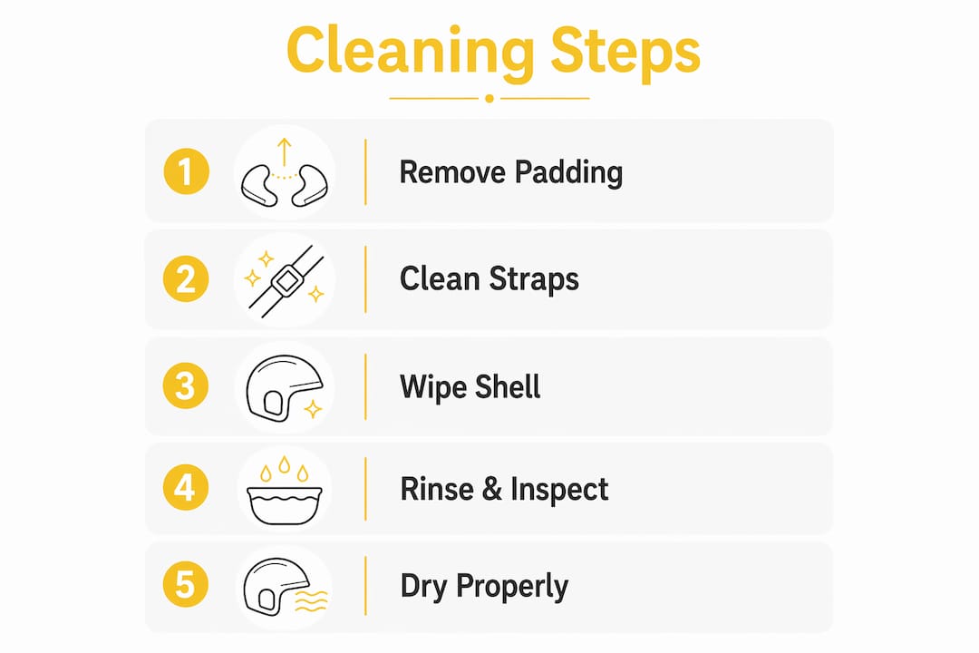 Infographic with key bike helmet cleaning steps