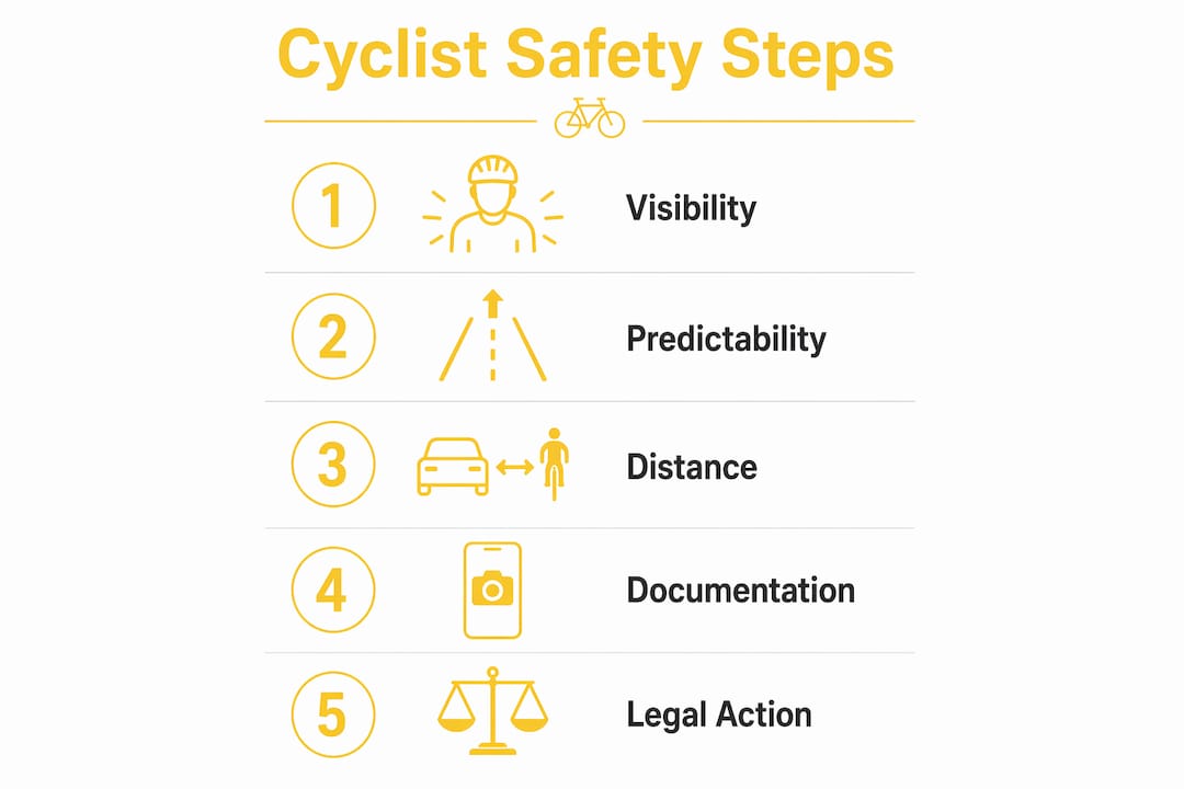 Infographic outlining five cyclist safety steps around ride-share vehicles