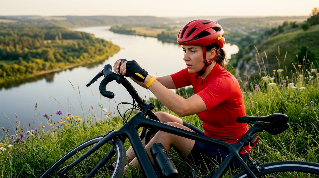Cyclist adjusting mirror while seated on bike