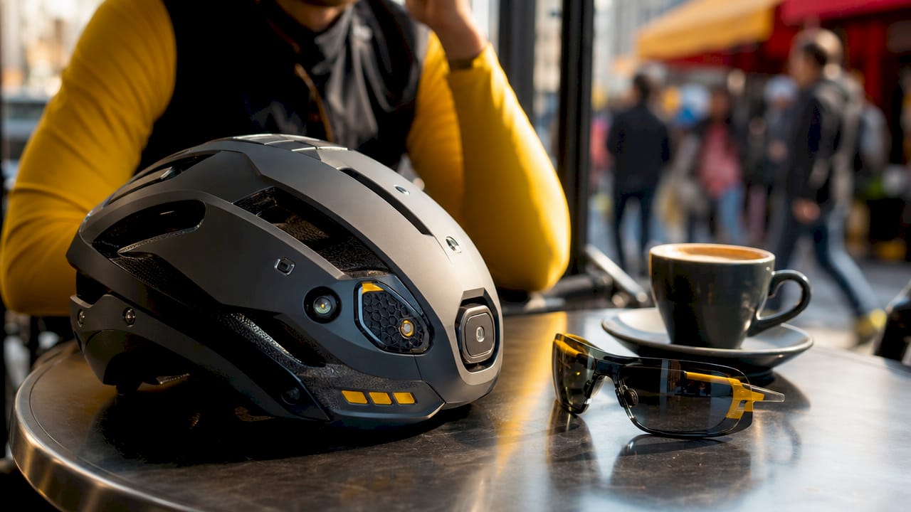 Close-up of smart helmet showing embedded sensors