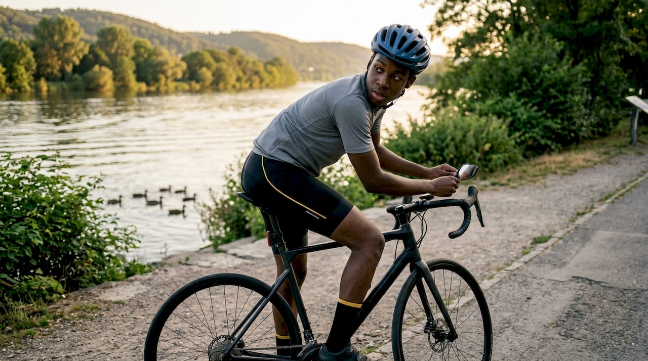 Road cyclist adjusting left bike mirror in riding position
