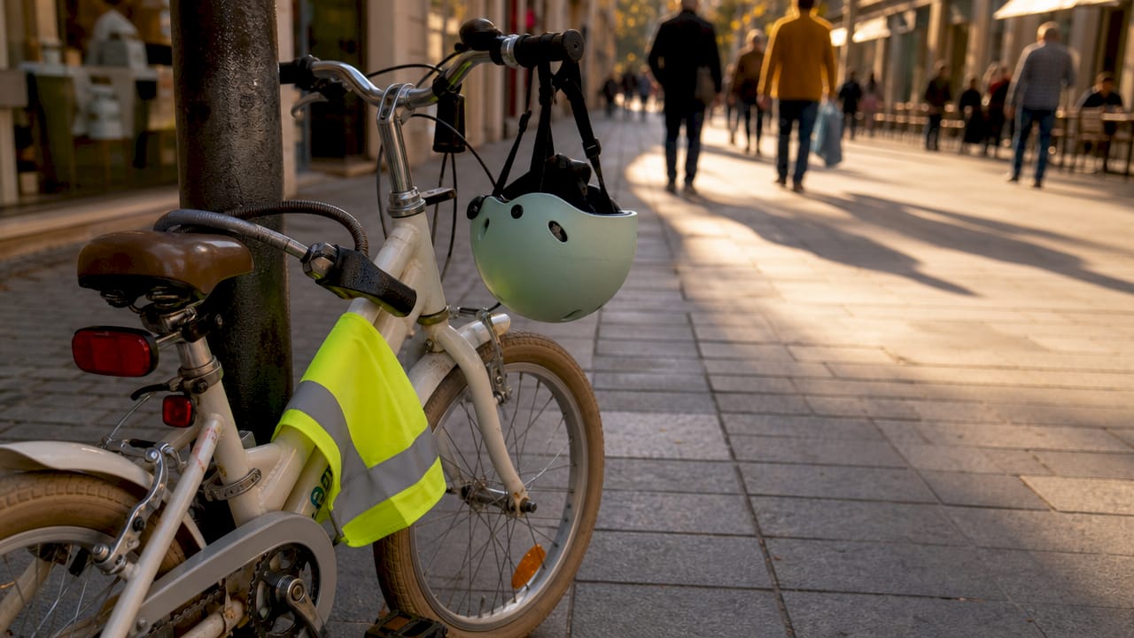 Vélo pour enfant présenté avec tout l’équipement de sécurité