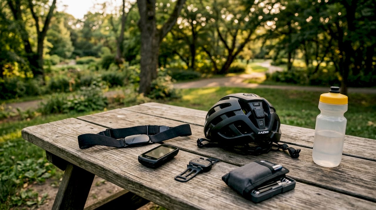 Close-up of connected cycling sensors and smart gear
