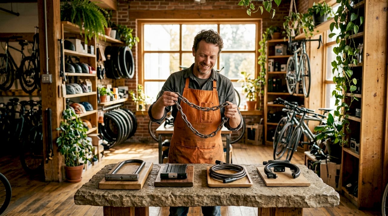 Un commerçant présente différents modèles d'antivols pour vélos à l'intérieur de sa boutique.