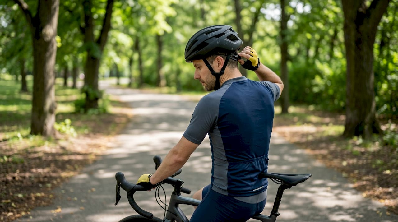 Side profile of cyclist with well-fitting helmet