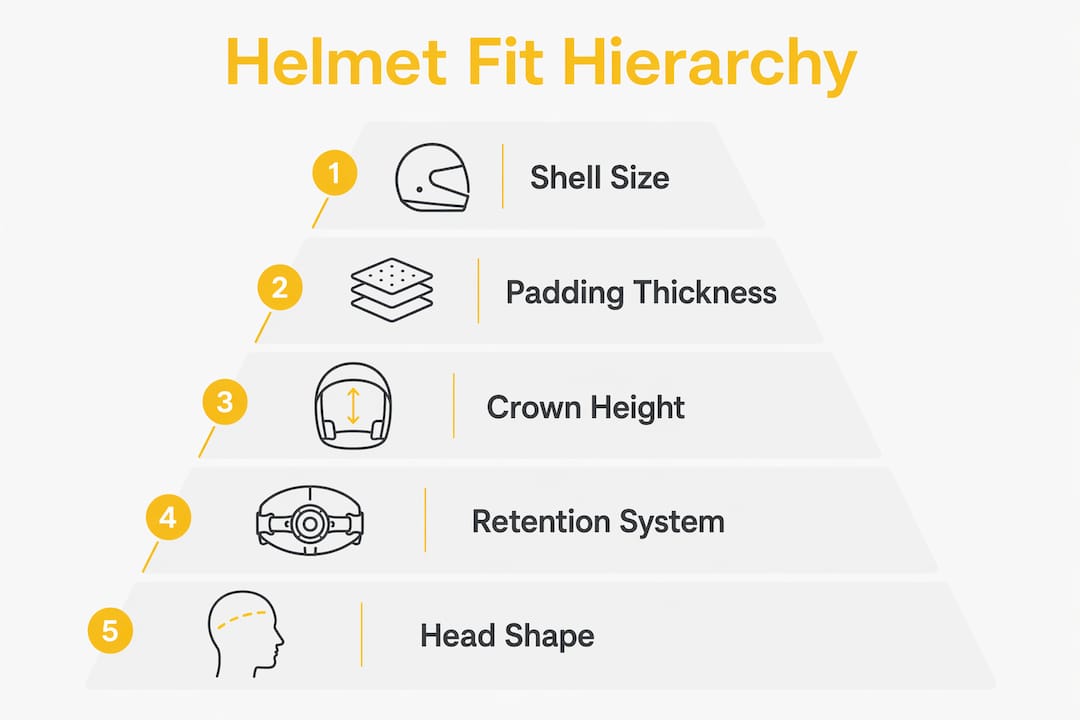 Infographic showing hierarchy of helmet fit components