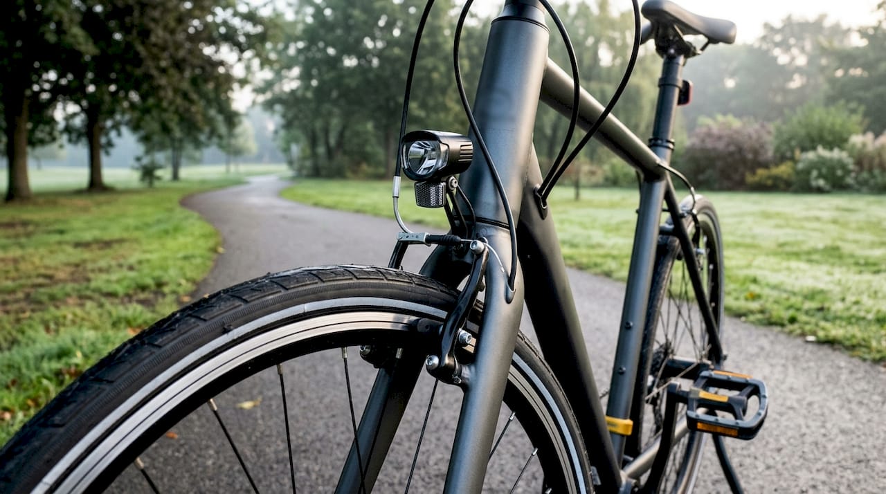 Close-up of commuter bike with safety features integrated