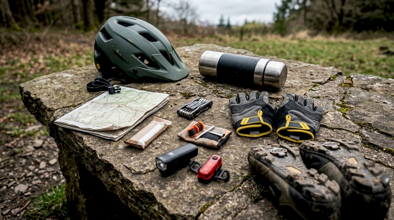 Essential gravel cycling safety gear flat lay