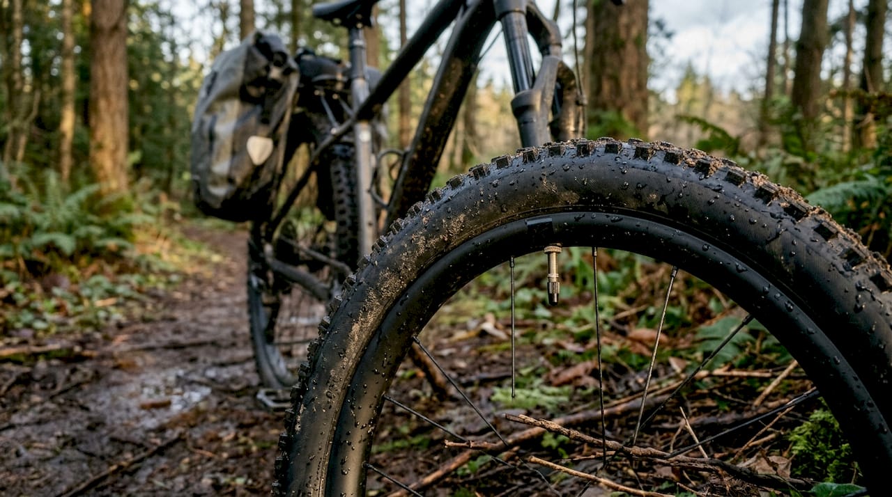 Détail d’un pneu tubeless de vélo sous la pluie
