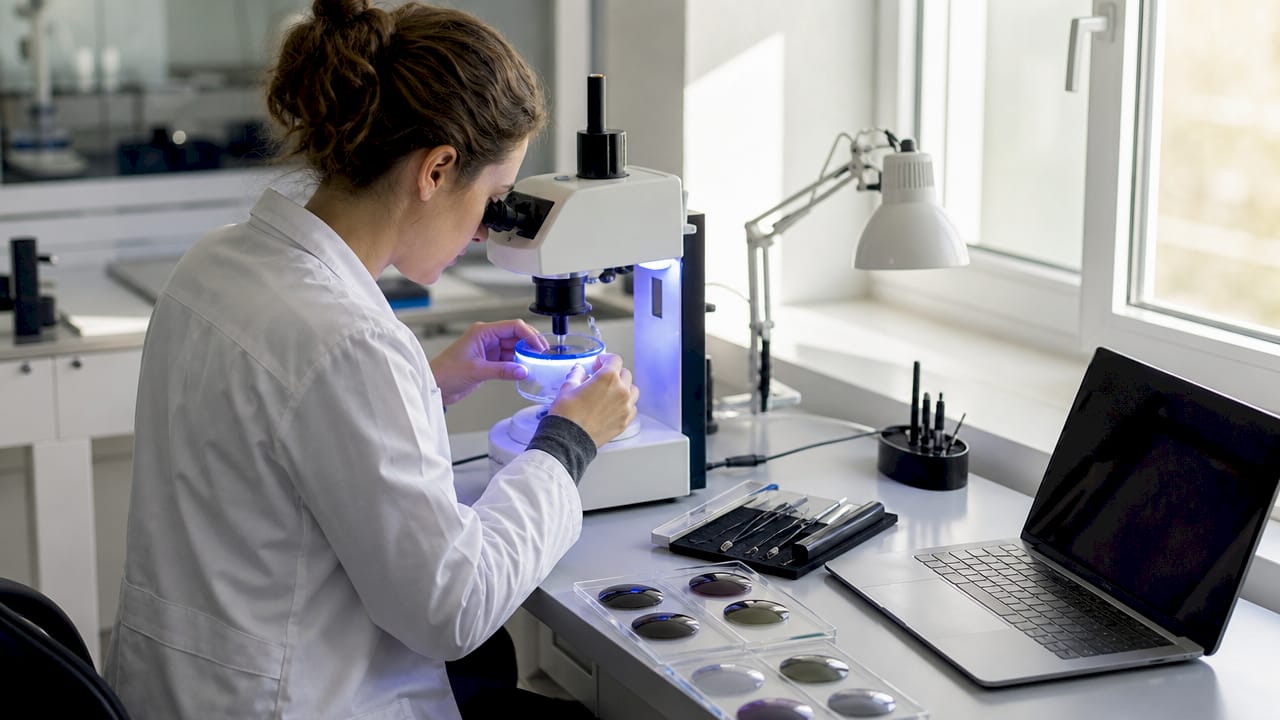 Un technicien procède à l’examen d’une lentille photochromique dans un laboratoire.