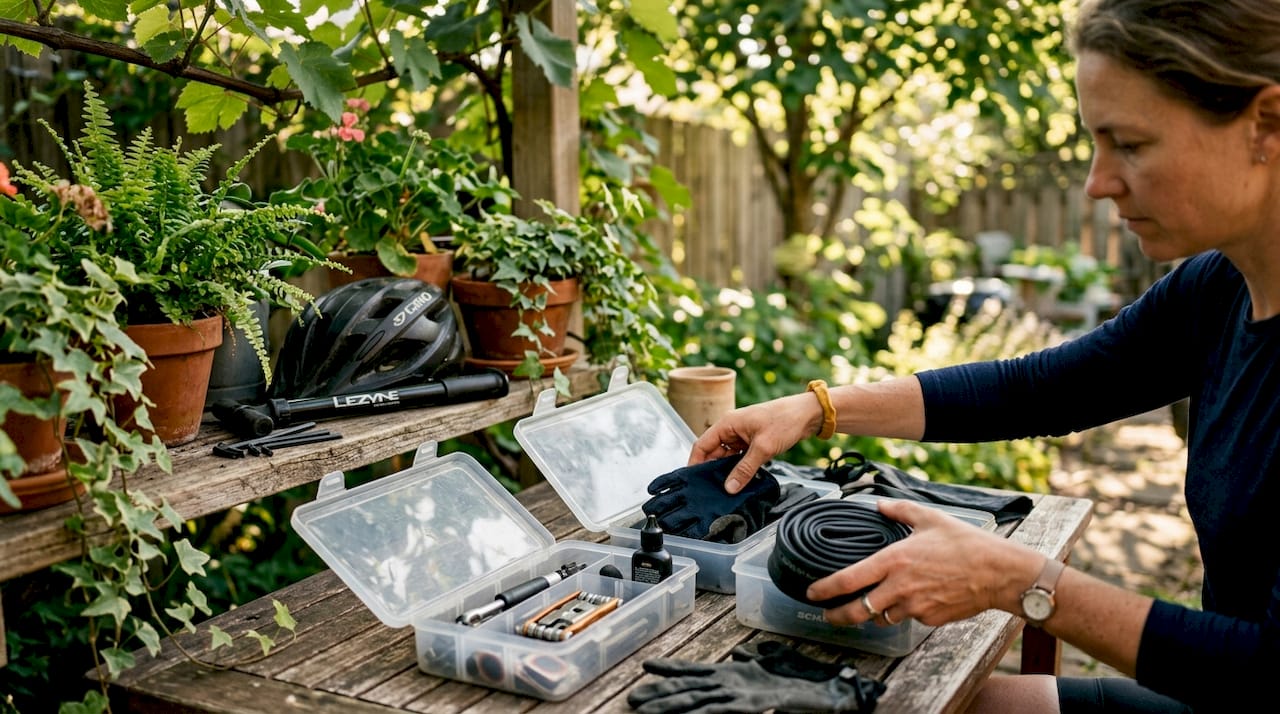 Close-up of hands sorting cycling gear containers