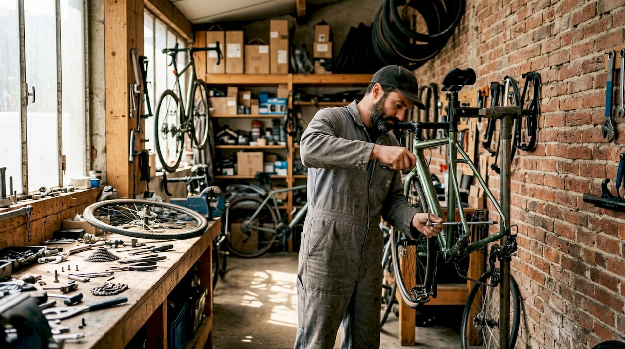 Des mains ajustent une pièce de vélo à l’aide d’une clé dynamométrique.