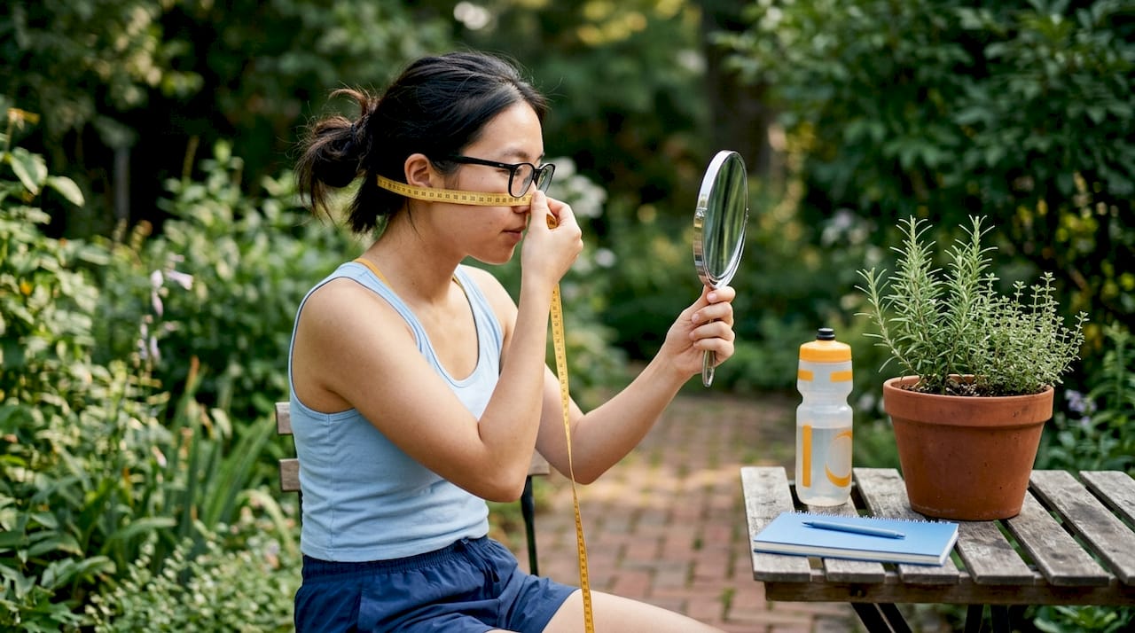 Woman measuring face width for cycling glasses