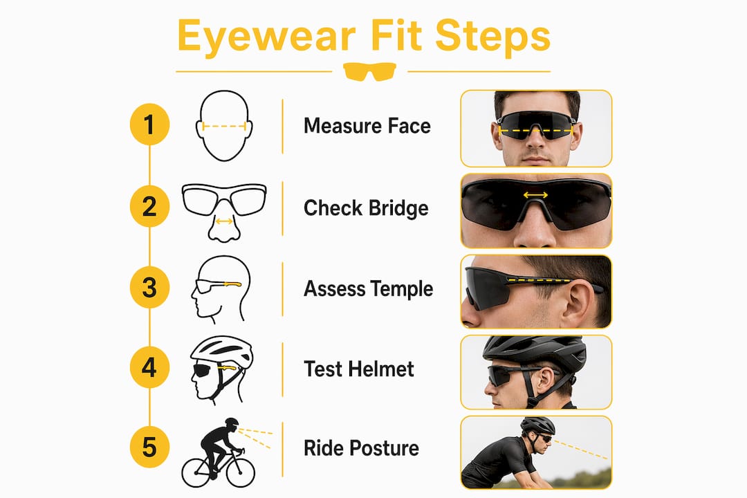 Infographic showing cycling eyewear fit steps