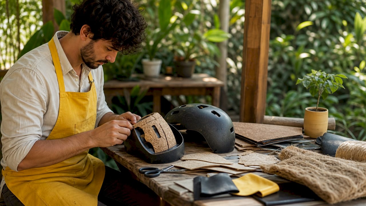 Hands assembling eco-friendly helmet liner materials