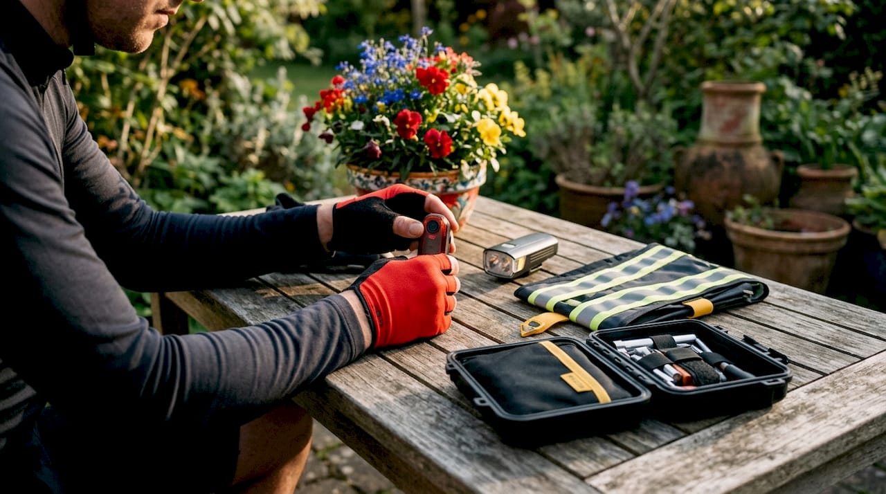Cycling safety gear arranged on workshop table with hands