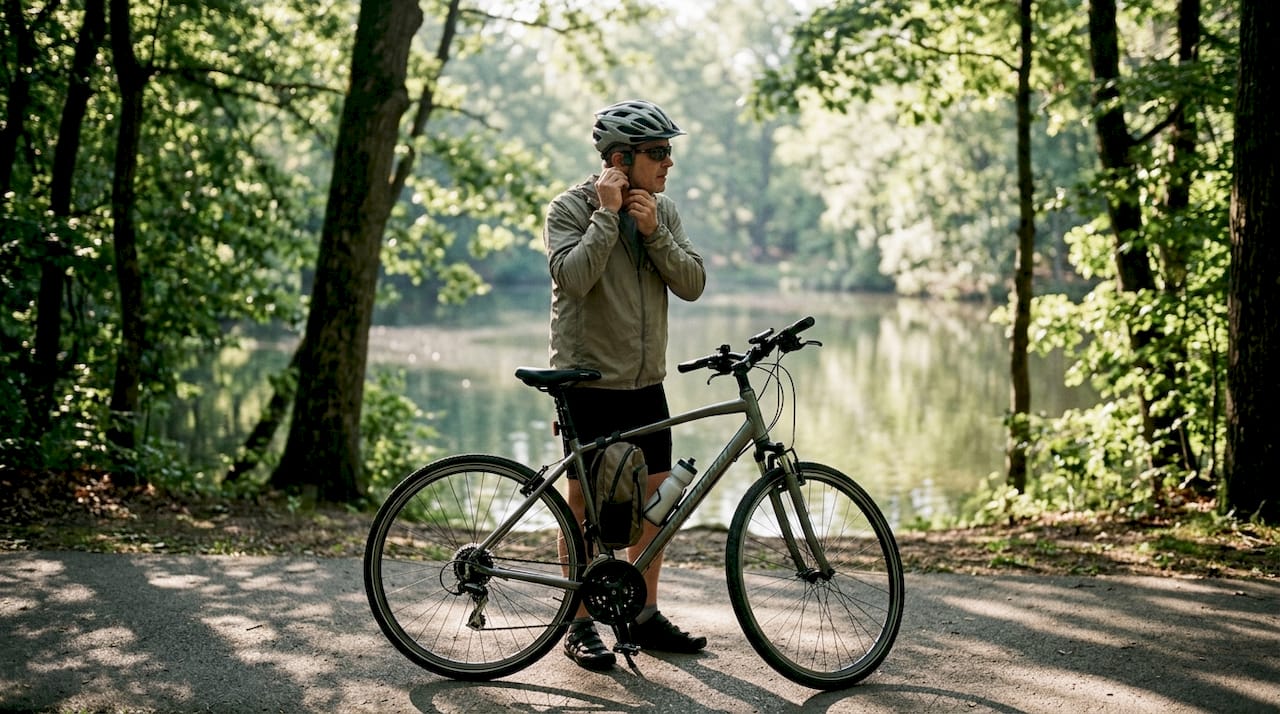 Un cycliste ajuste son casque à conduction osseuse en plein air.