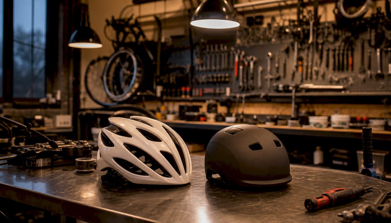 Zoom sur des casques de vélo route et urbain soigneusement disposés