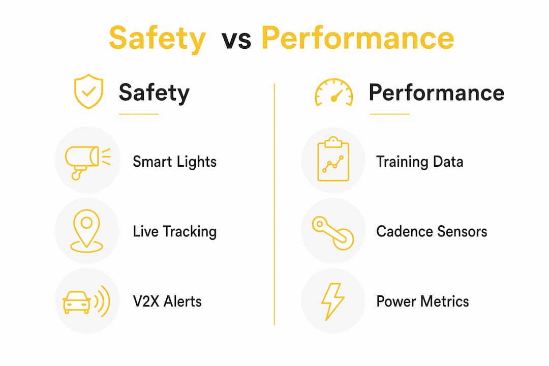 Infographic comparing safety and performance benefits of connected cycling gear