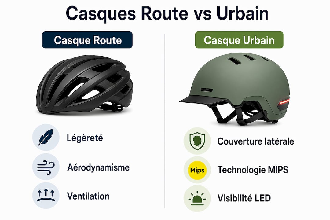 Infographie : les différences essentielles entre casque de vélo de route et casque urbain