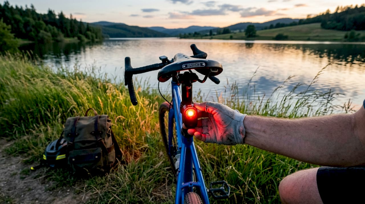 Close-up smart cycling light glowing on bike