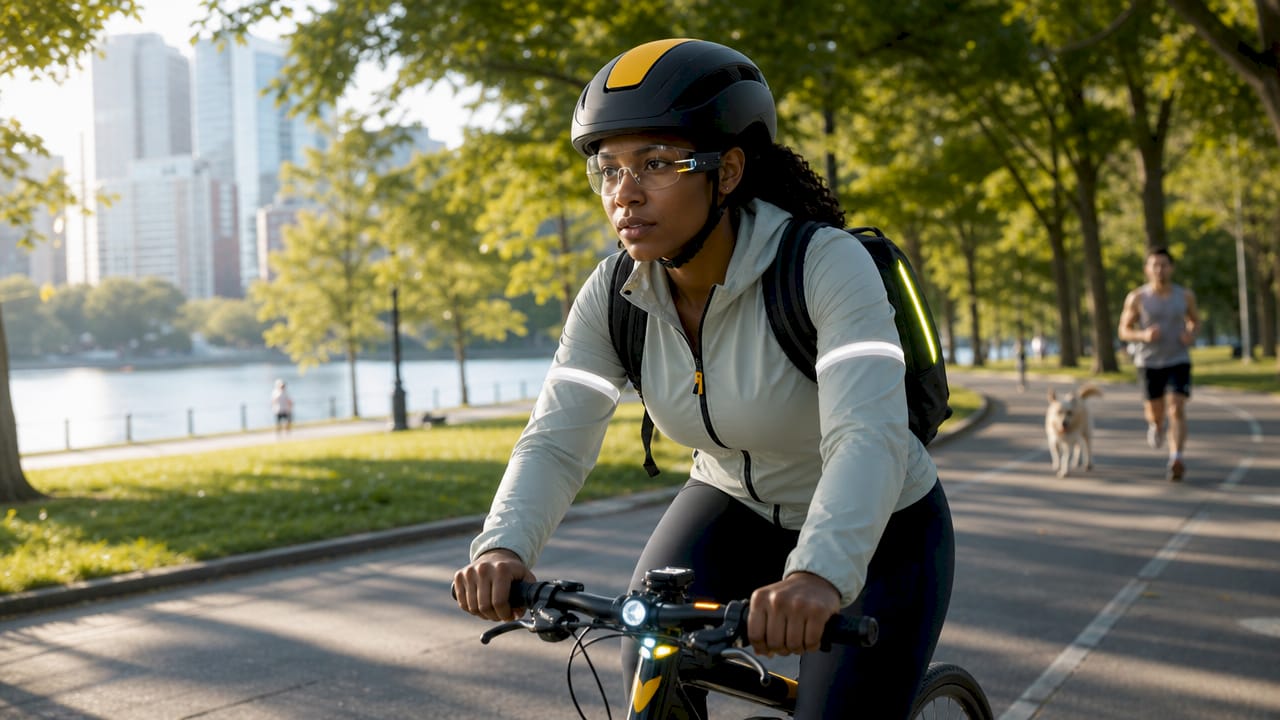 Urban cyclist wearing smart helmet and safety gear
