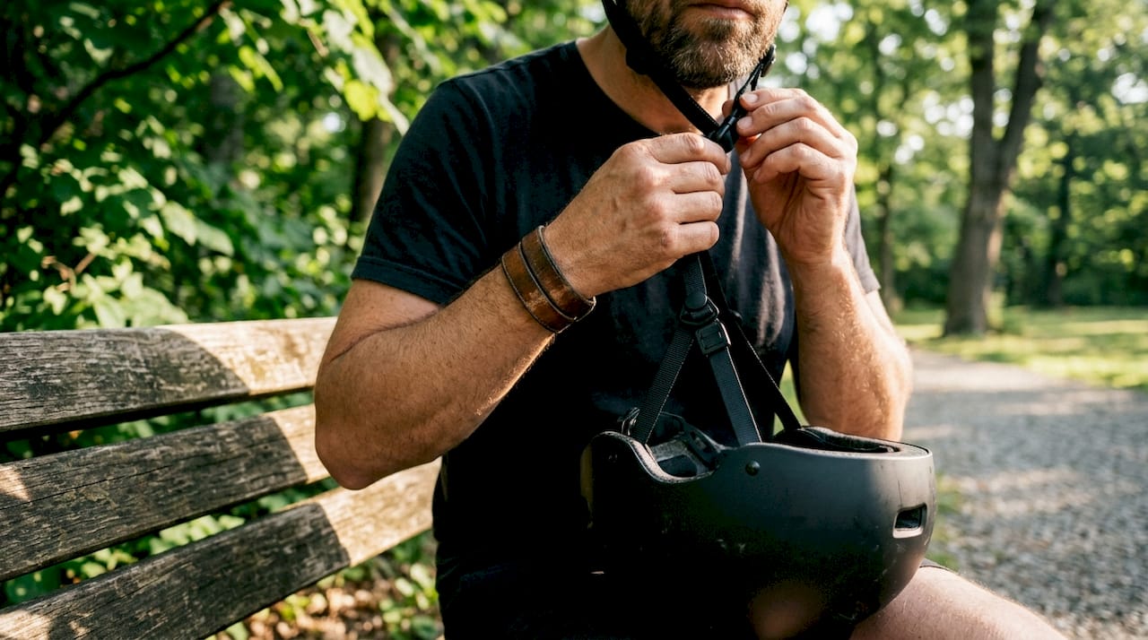 Zoom sur des mains en train d'ajuster la sangle d’un casque de vélo