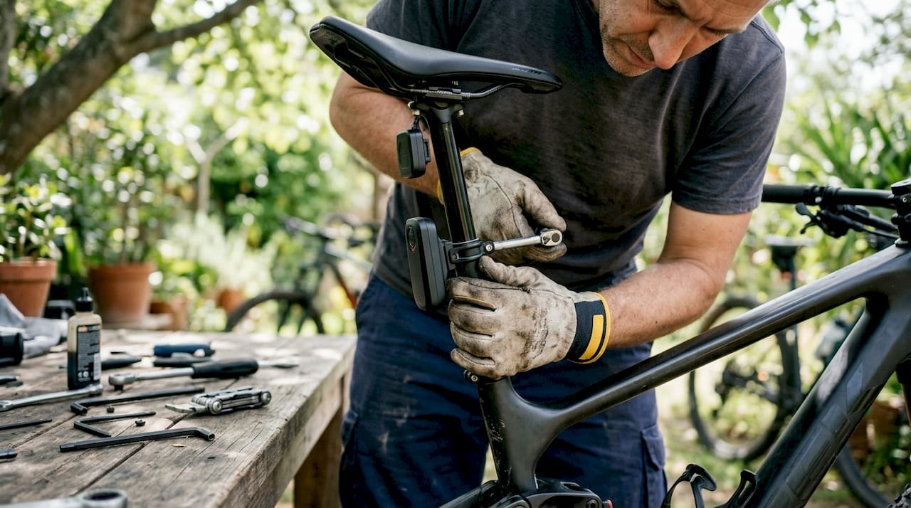 Hands installing smart cycling radar and light