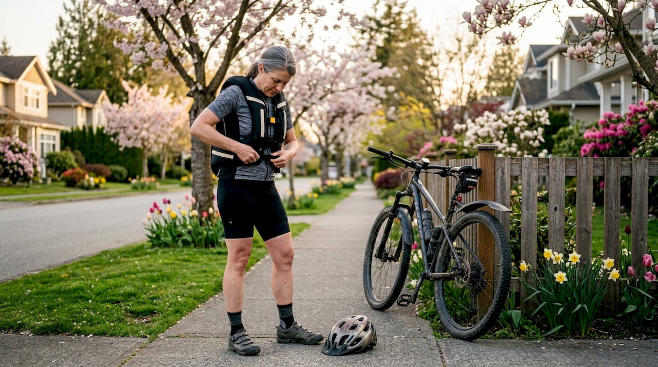 Woman fitting wearable airbag safety vest on bike lane