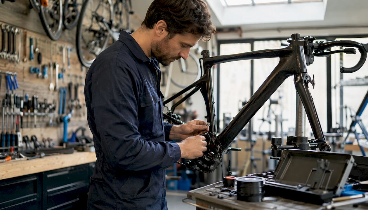 Un spécialiste en atelier règle la transmission sur un vélo à cadre carbone, veillant à optimiser le fonctionnement pour une performance maximale.